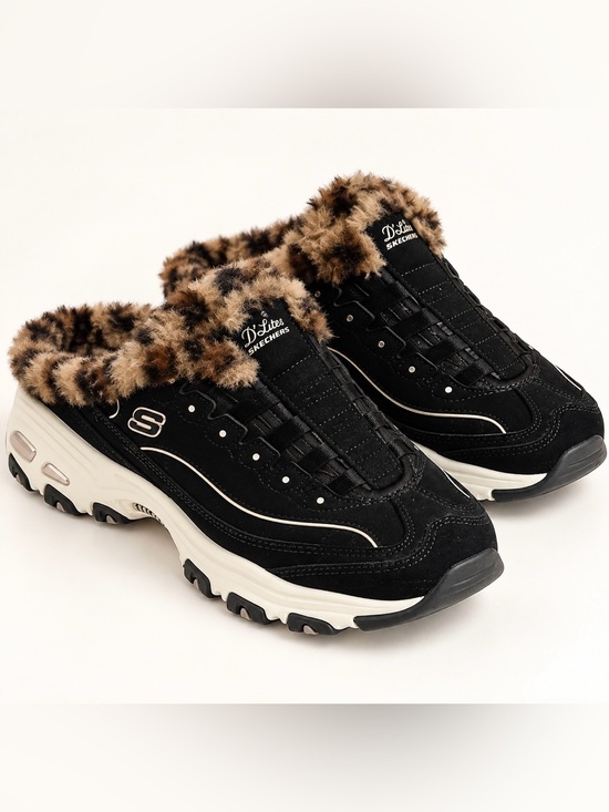 Skechers Shoes - SKECHERS D’LITES BLACK LEOPARD FAUX FUR SLIP-ON SNEAKERS(9.5)